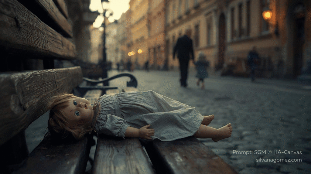Ilustración de una muñeca abandonada en una calle de Varsovia del siglo XIX, inspirada en la novela Lalka de Bolesław Prus y en el juicio de la muñeca perdida.